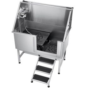Stainless Steel Dog Washing Station, 50 inch Pet Grooming Tub w/ Stairs, PE Water Filter Board